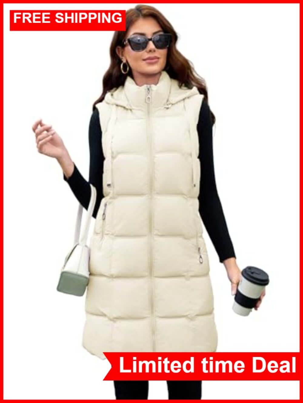 Women's Long Puffer Vest Hooded Quilted Fleece Lined Packable Sleeveless